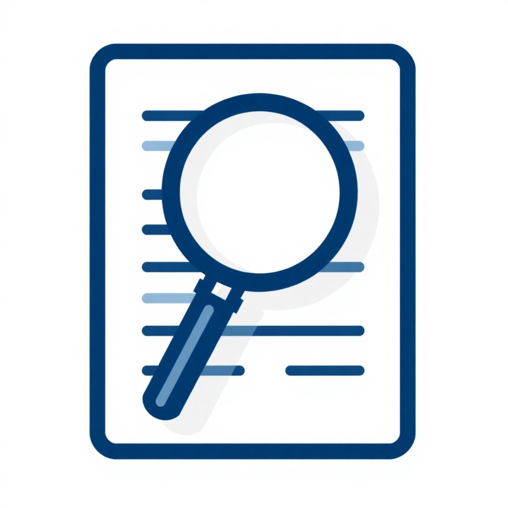 Minimalist linear icon of a magnifying glass over a document, deep navy blue color #1a3a5a, clean vector line art, transparent background