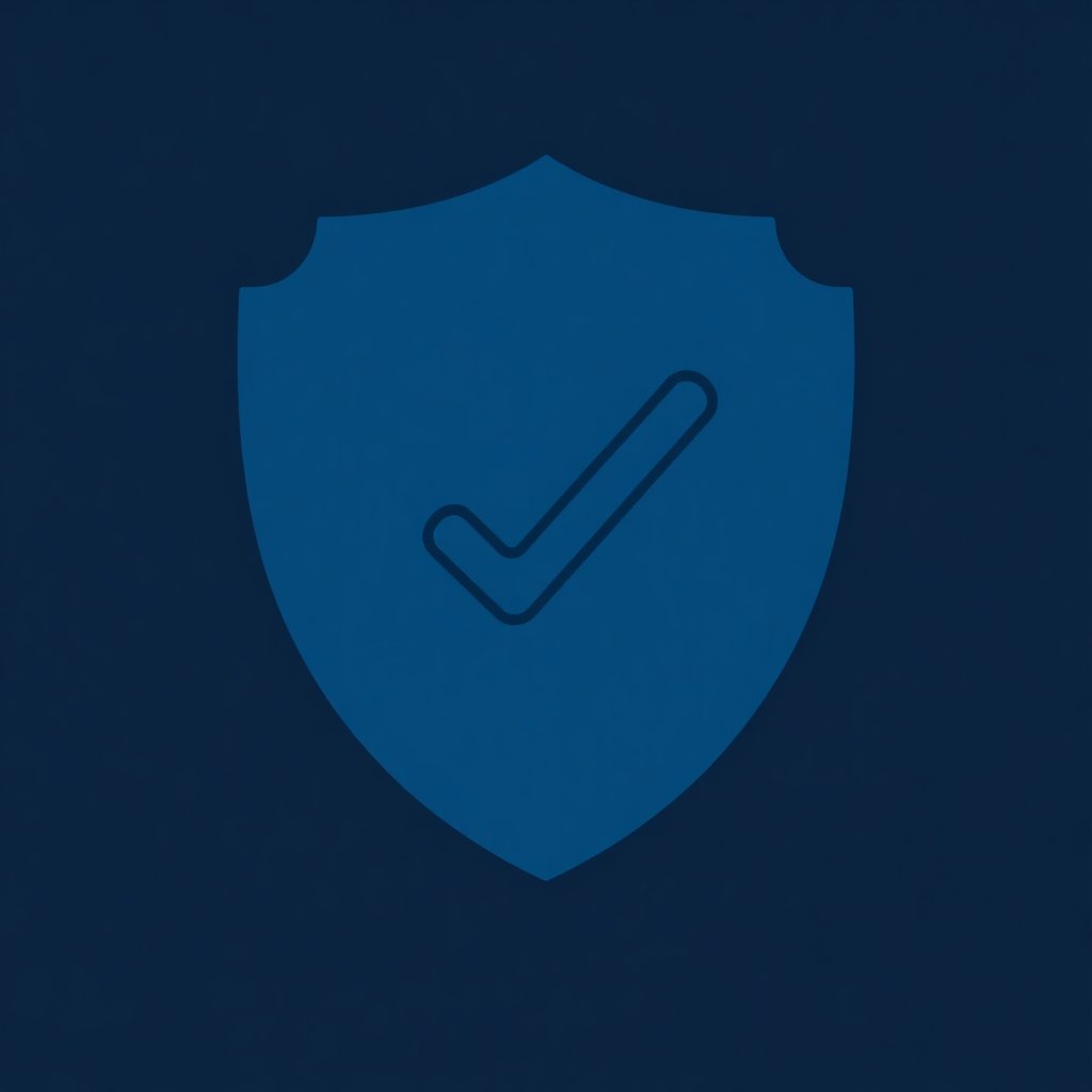 Minimalist linear icon of a shield with a checkmark, deep navy blue color #1a3a5a, clean vector line art, transparent background