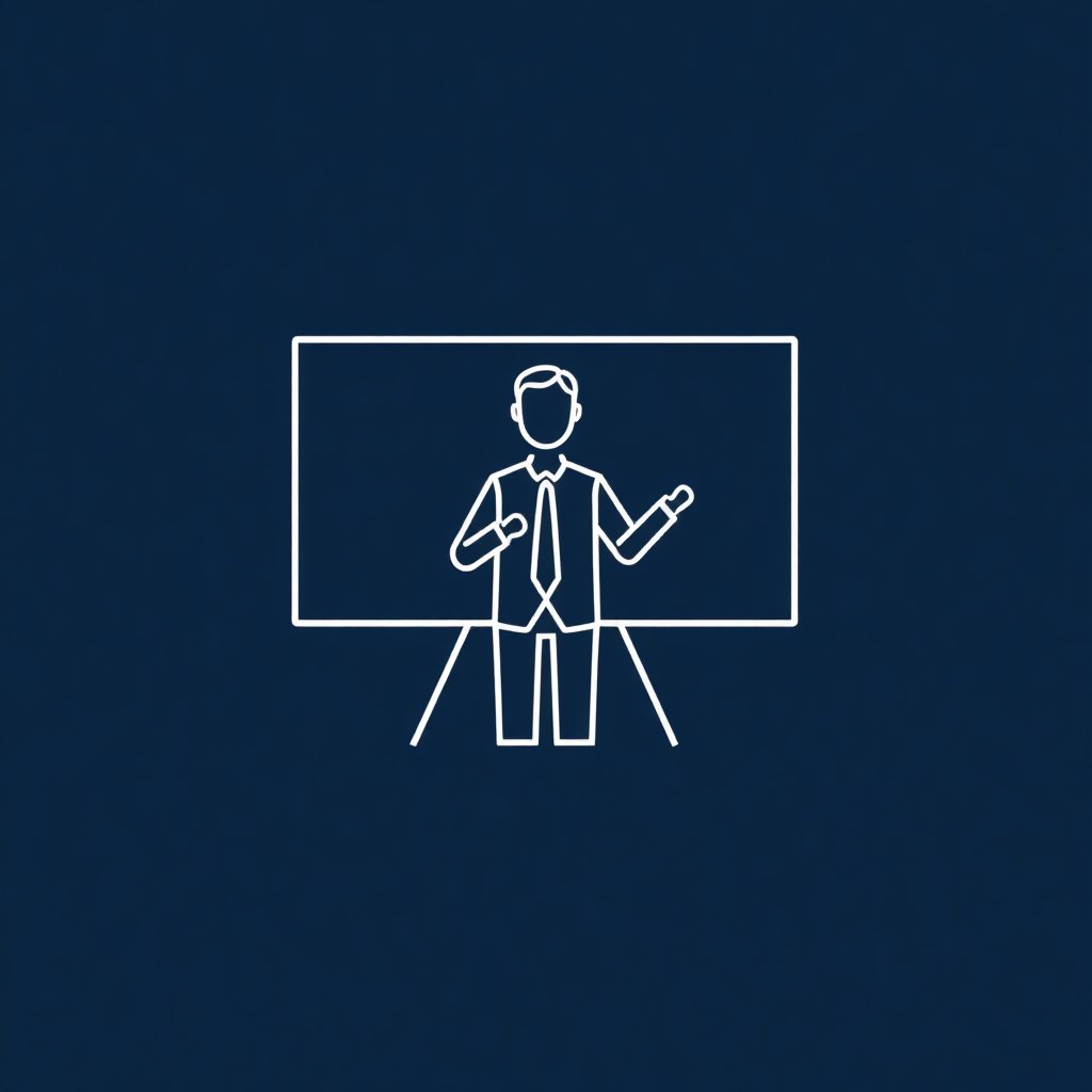 Minimalist linear icon of a teacher or presenter at a board, deep navy blue color #1a3a5a, clean vector line art, transparent background